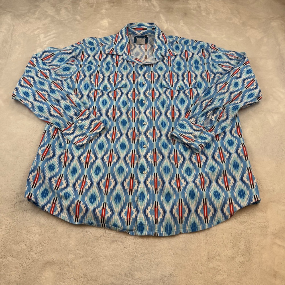 Wrangler Western Shirt Mens XL Geometric Aztec Print Cowboy Rodeo Blue Red